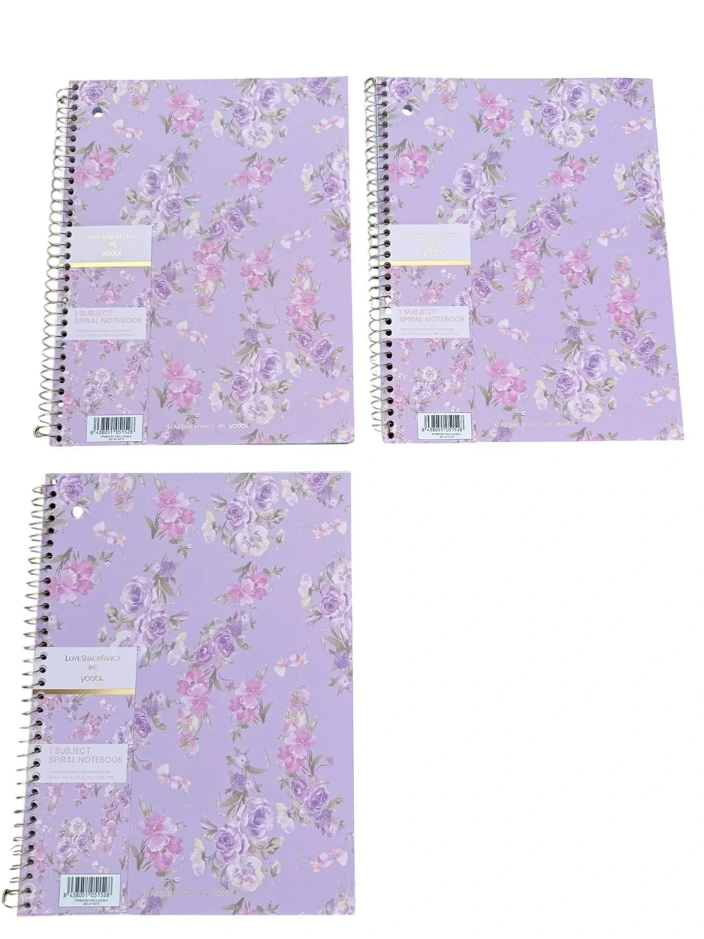 LoveShackFancy purple Floral Spiral Notebooks Set of 3 Happy Thoughts Hibiscus